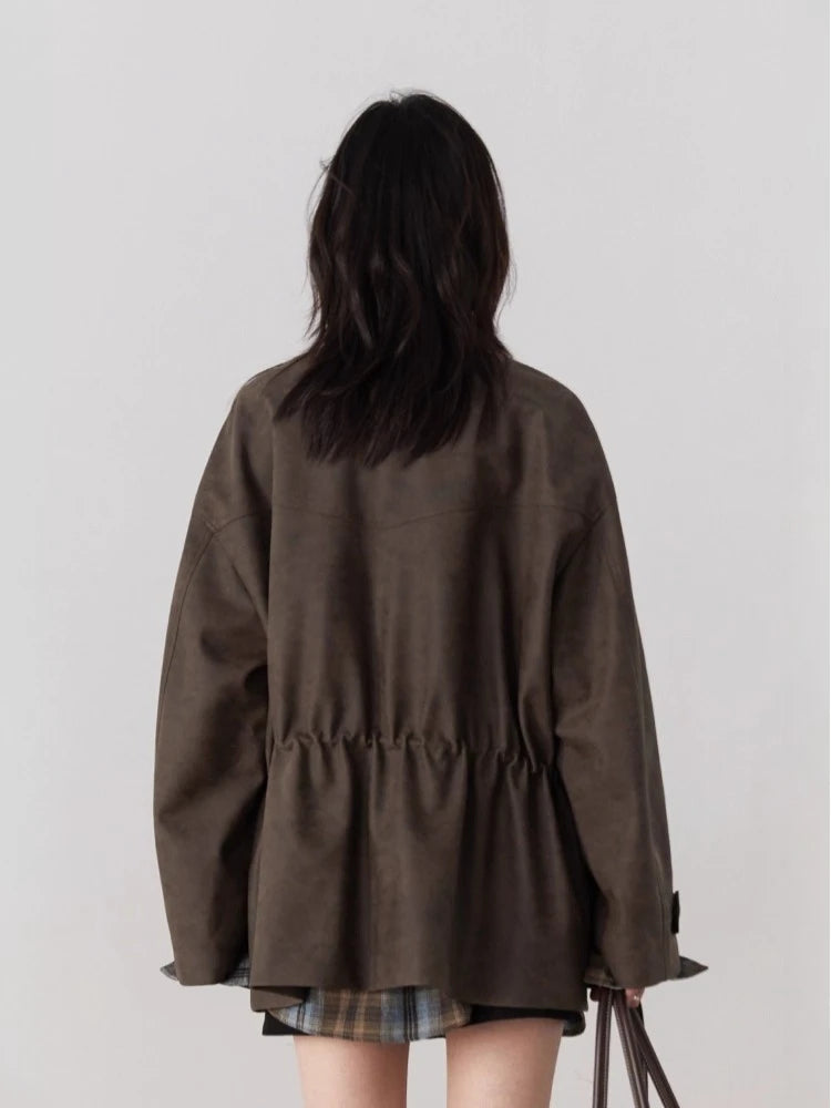 Women’s Brown Oversized Utility Jacket | Vintage Drawstring Safari Coat with Stand Collar for Casual, Travel & Fall Streetwear
