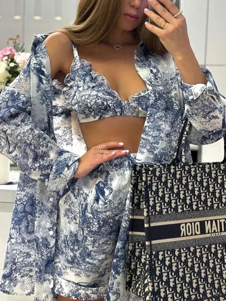 Women's Printed Bralette, Oversized Shirt & Shorts Co-Ord Set | Three Piece Holiday Outfit