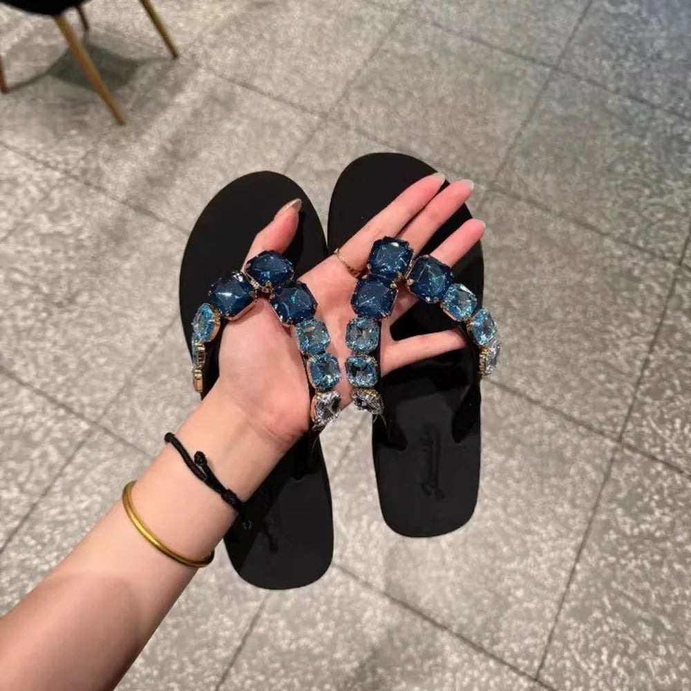 Women’s Blue Crystal Embellished Flip Flops – Luxury Rhinestone Thong Sandals for Beach, Vacation & Casual Summer Wear