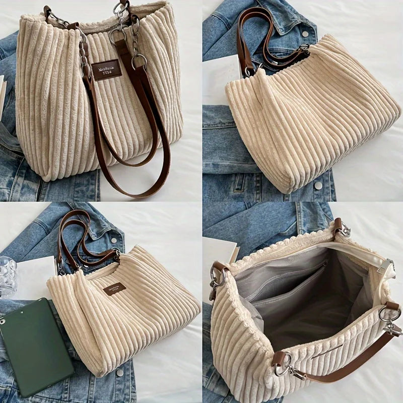 Corduroy Shoulder Bag for Women | Casual Slouchy Tote Handbag | Large Capacity Everyday Purse | Trendy Crossbody Bag