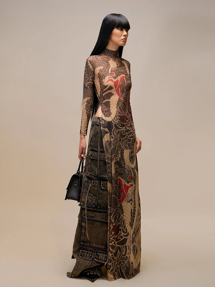Dragon Print Maxi Dress Women | Long Sleeve High Neck Bodycon Dress