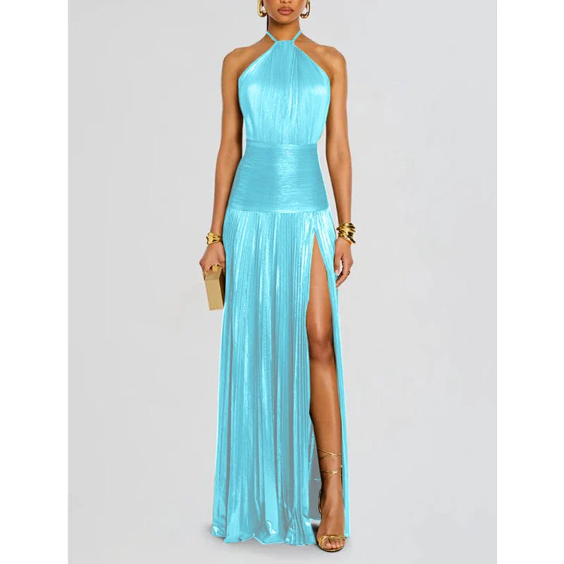 Halter Neck Pleated Maxi Dress Women | High Split Evening Party Dress
