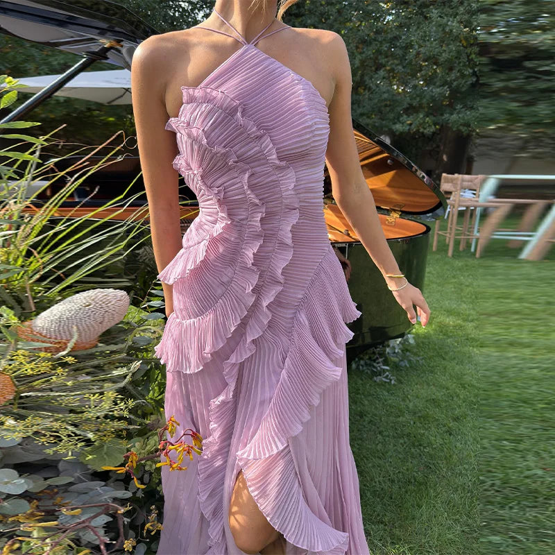 Women’s Lavender Pleated Ruffle Evening Gown | Elegant Halter Maxi Party Dress