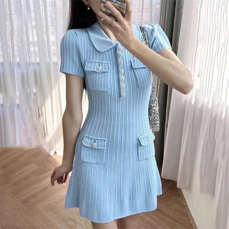 Women’s Light Blue Ribbed Knit Mini Dress | Vintage Collared A-Line Dress with Pearl Buttons for Elegant Everyday Wear