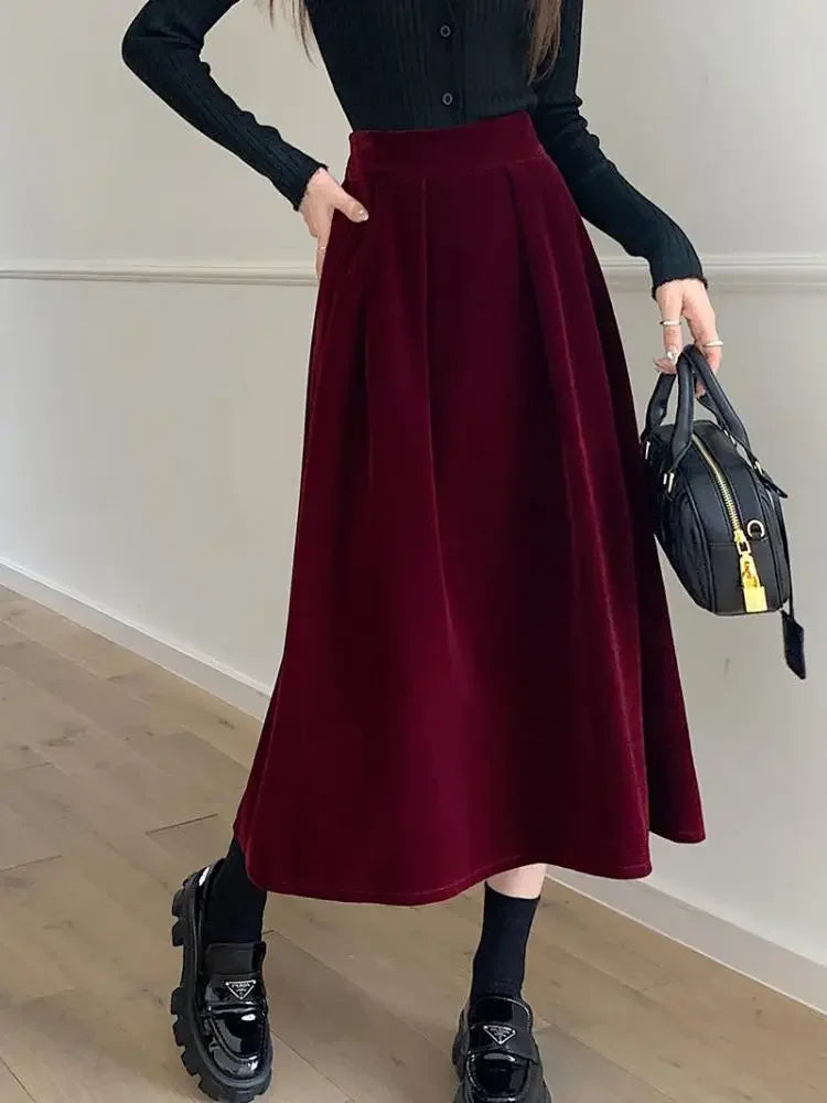 Women High Waist Velvet Midi Skirt Elegant A Line Flared Long Skirt