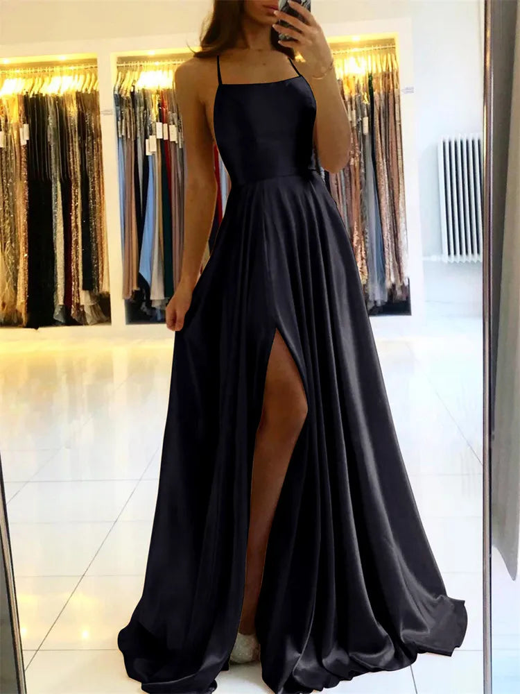 Satin Maxi Dress Women | Spaghetti Strap A Line Evening Party Dress