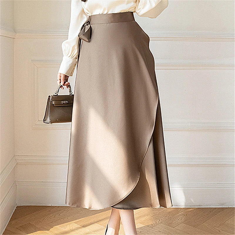 Women High Waist Satin Midi Skirt Elegant Wrap A Line Flowy Skirt