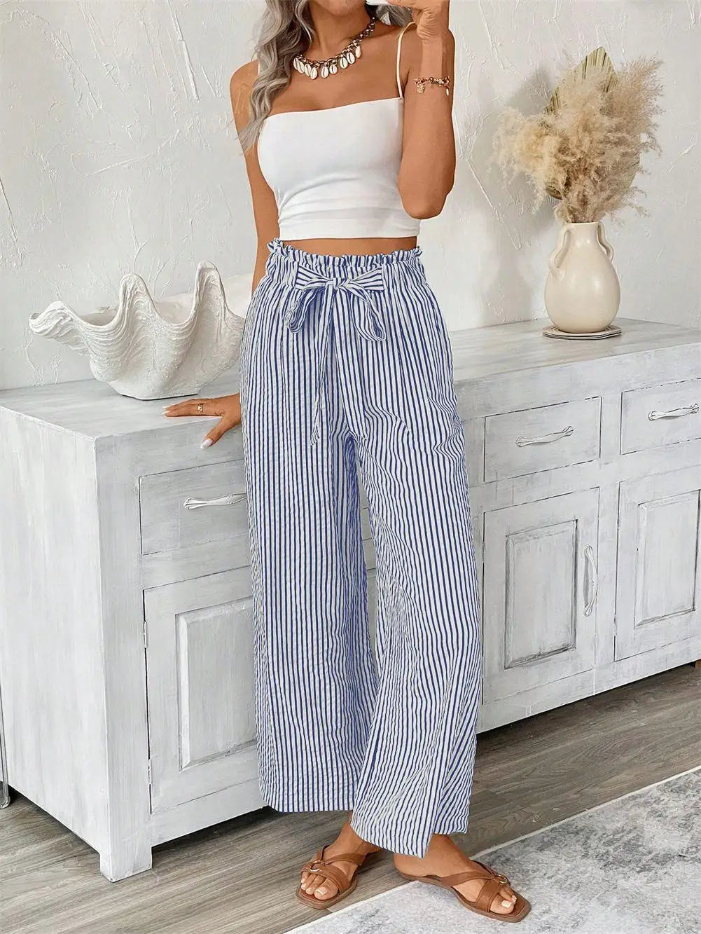 Women High Waist Striped Wide Leg Pants Casual Tie Waist Palazzo Trousers