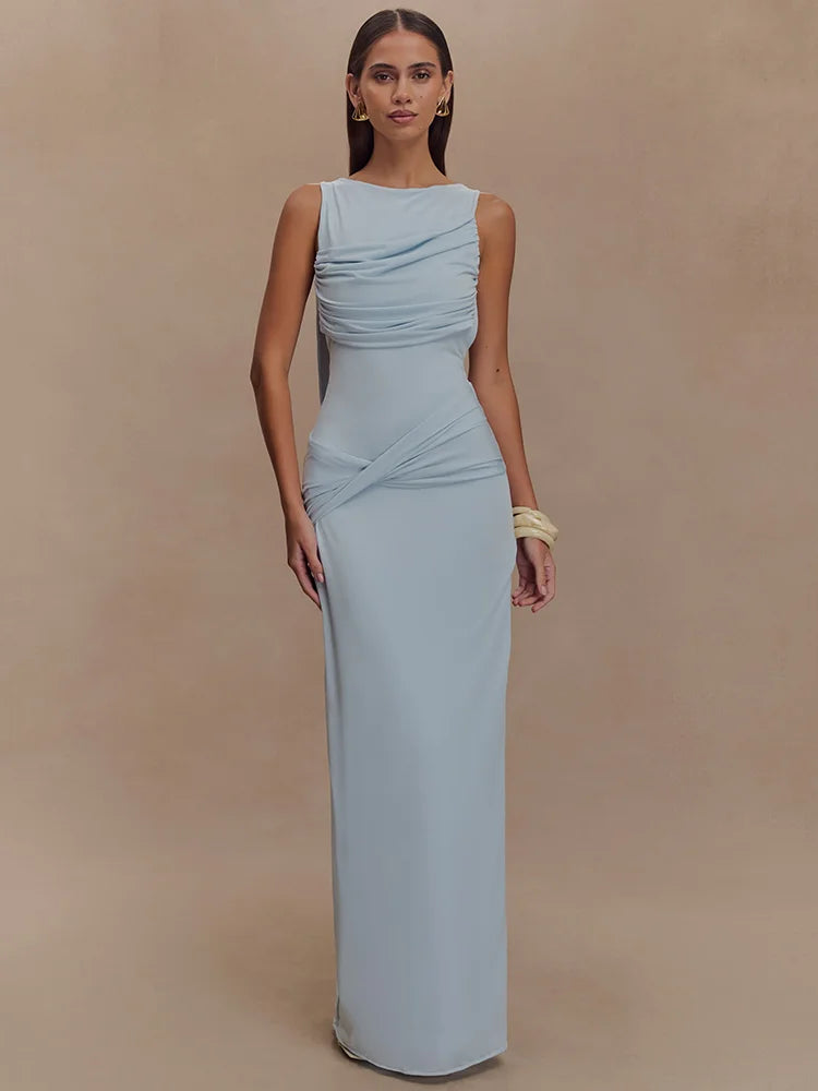 Ruched Bodycon Maxi Dress Women | Sleeveless High Neck Elegant Evening Dress