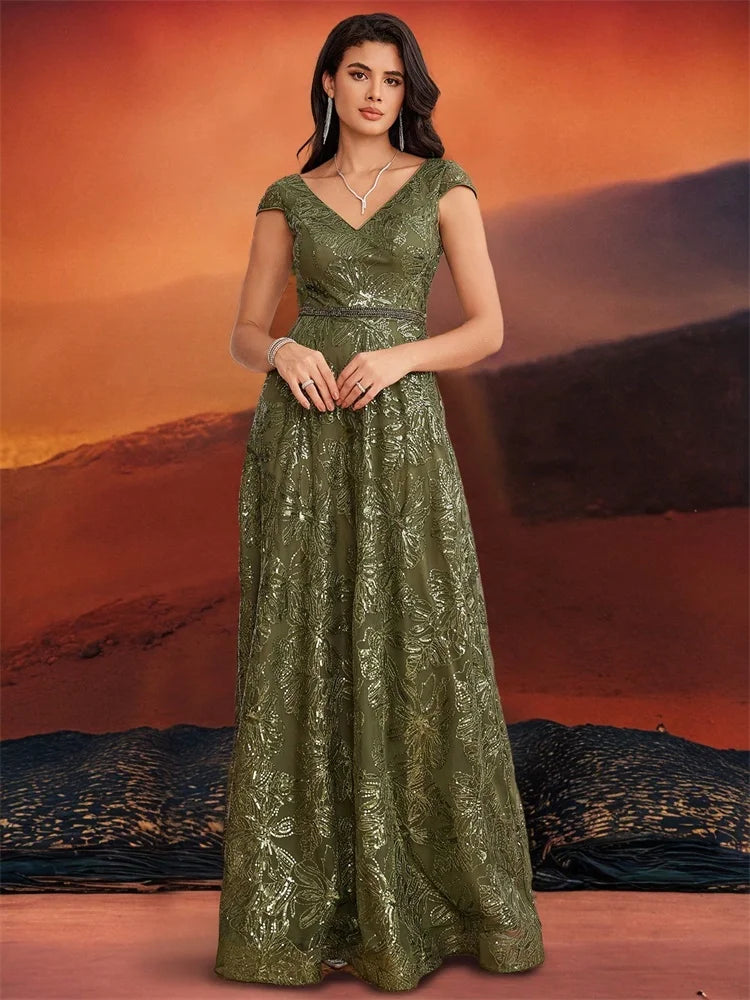 Women’s Olive Green Lace Evening Gown | V-Neck A-Line Formal Maxi Dress for Weddings, Mother of the Bride, Galas & Special Occasions