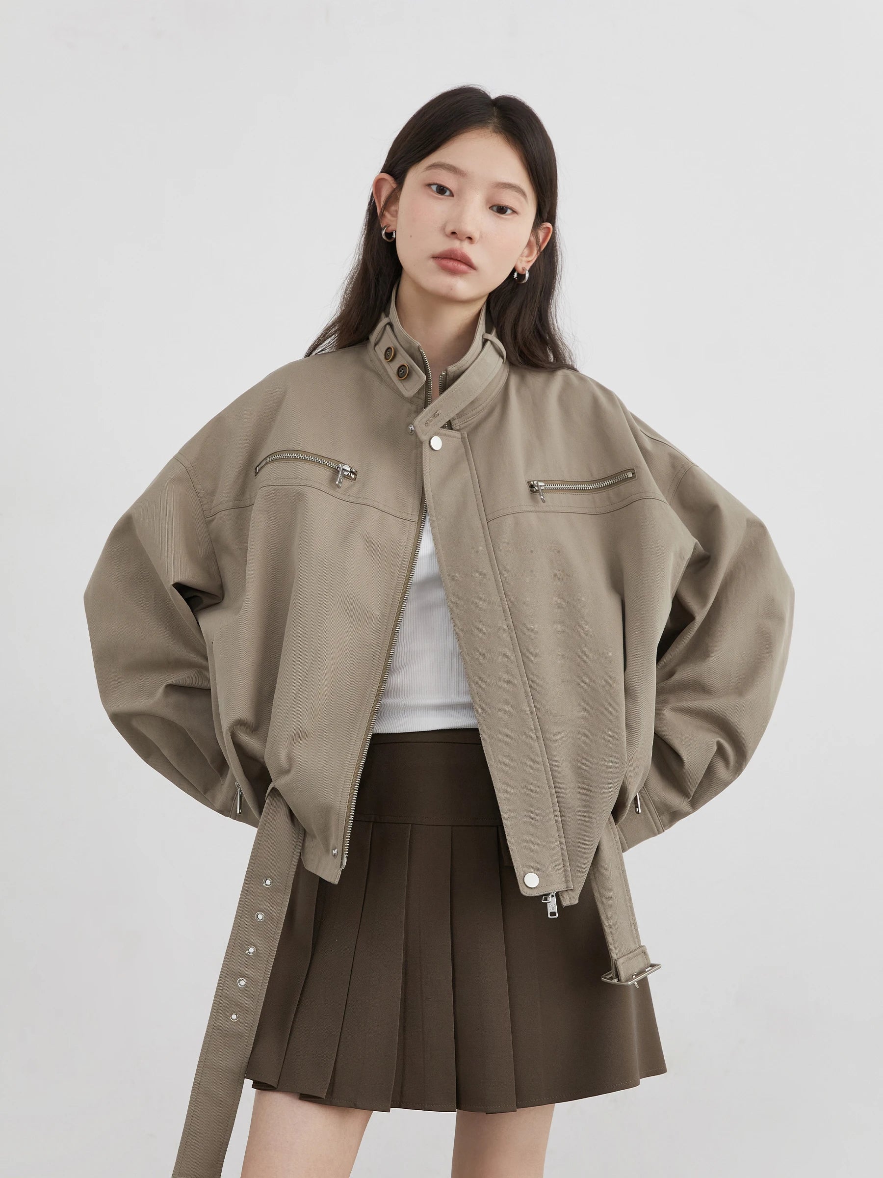 Women’s Taupe Faux Leather Bomber Jacket | Oversized Cropped Moto Jacket with Stand Collar for Casual, Streetwear & Fall Fashion