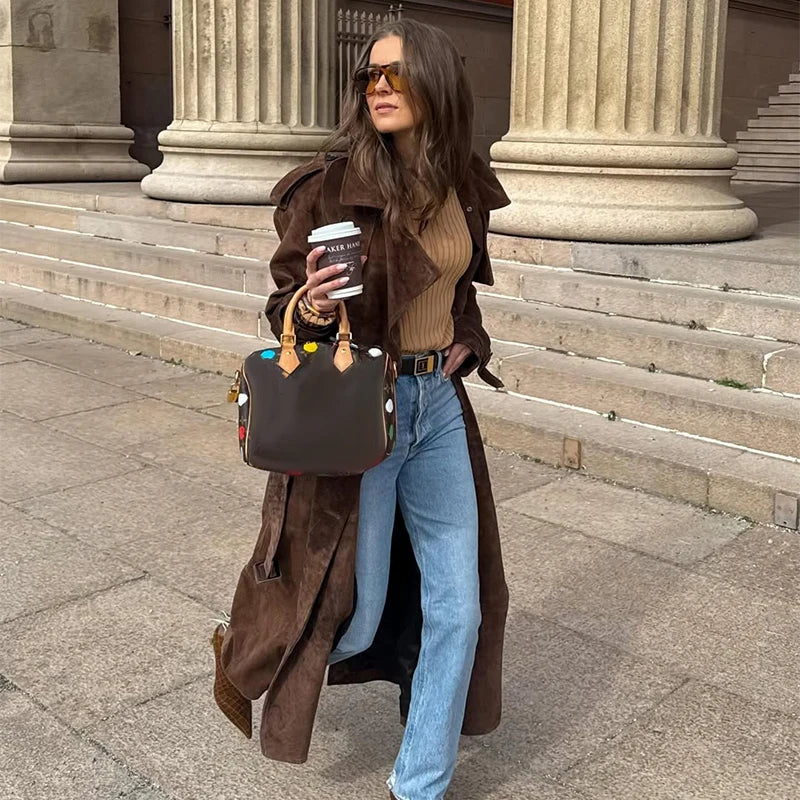 Women’s Vintage Brown Faux Leather Trench Coat | Long Belted Double Breasted Overcoat