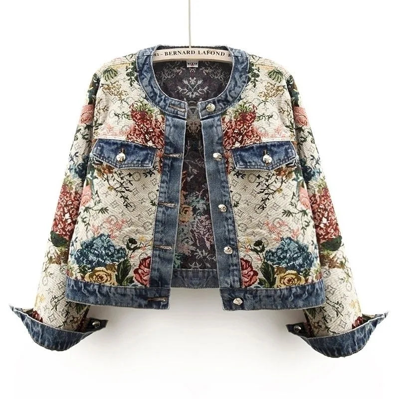 Women’s Floral Tapestry Denim Jacket | Vintage Embroidered Boho Cropped Statement Coat