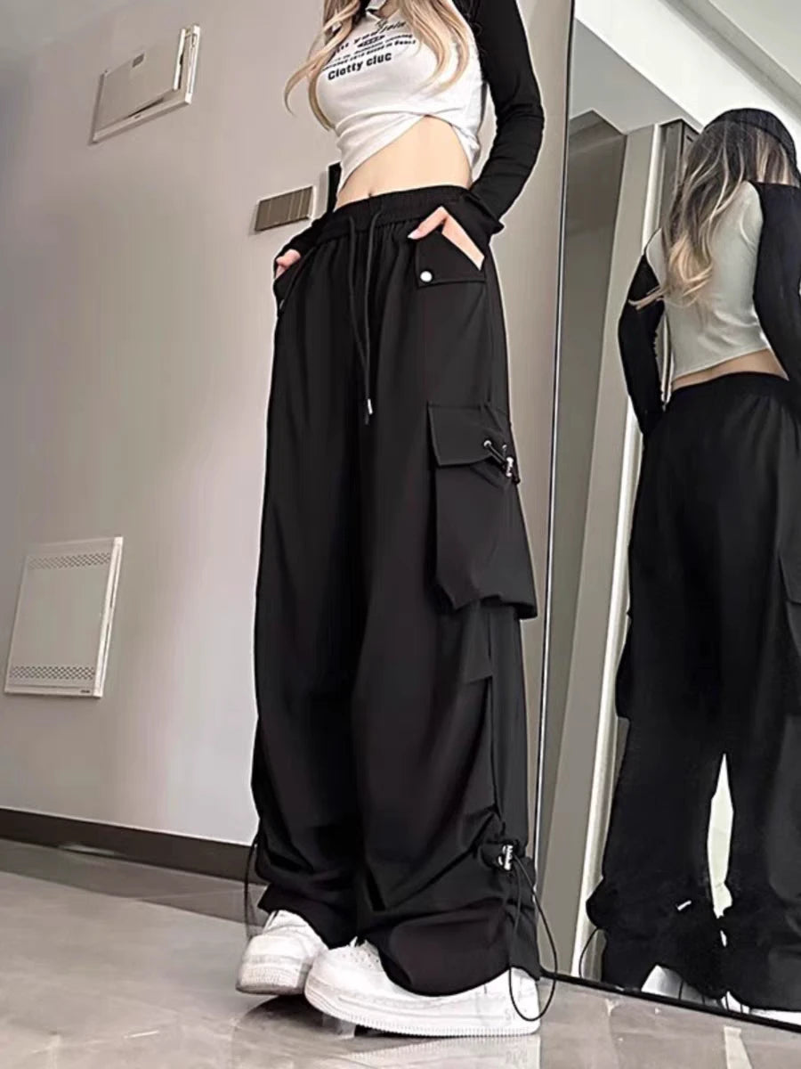 Women High Waist Baggy Cargo Pants Streetwear Wide Leg Parachute Trousers