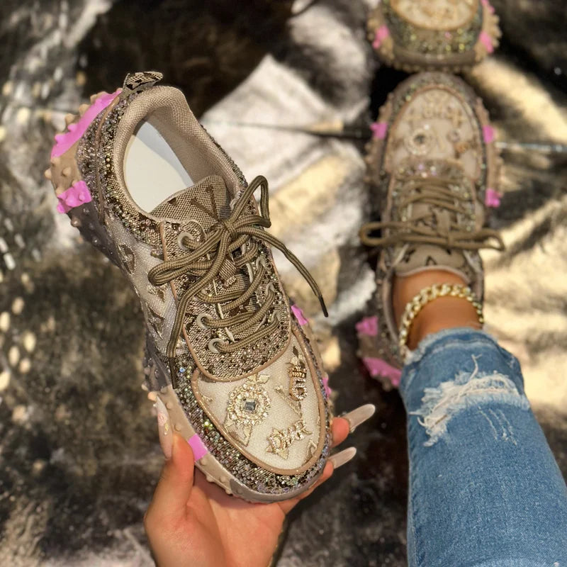 Women’s Rhinestone orthopaedic Platform Sneakers – Luxury Chunky Casual Shoes for Fashion, Travel & Streetwear