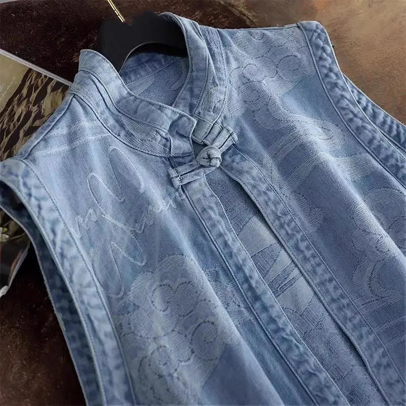 Women’s Vintage Blue Mandarin Collar Denim Vest | Sleeveless Embroidered A-Line Tunic Top for Casual, Boho & Everyday Wear