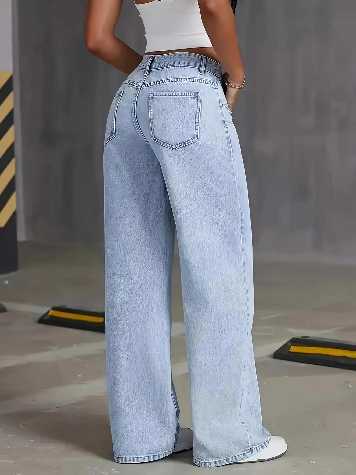 Women High Waist Wide Leg Jeans Minimalist Loose Fit Denim Trousers