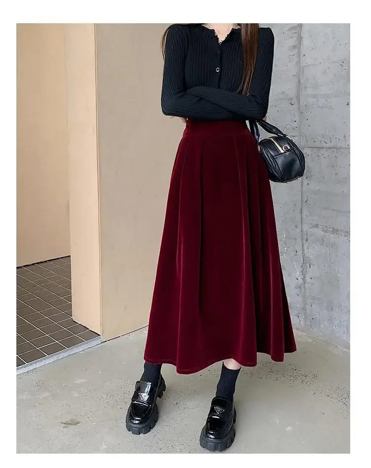 Women High Waist Velvet Midi Skirt Elegant A Line Flared Long Skirt