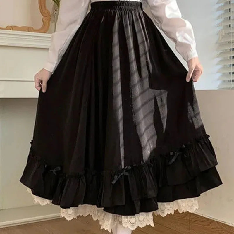 Women Gothic Ruffle Maxi Skirt High Waist Layered Cottagecore Long Skirt