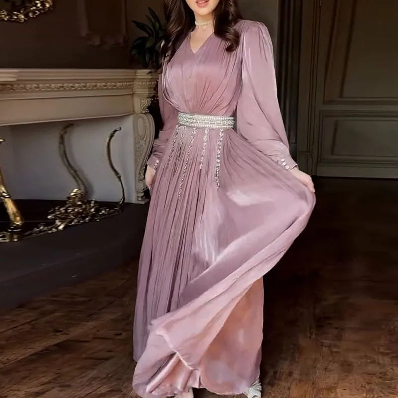 Pleated Maxi Dress Women | Long Sleeve V Neck Elegant Evening Dress