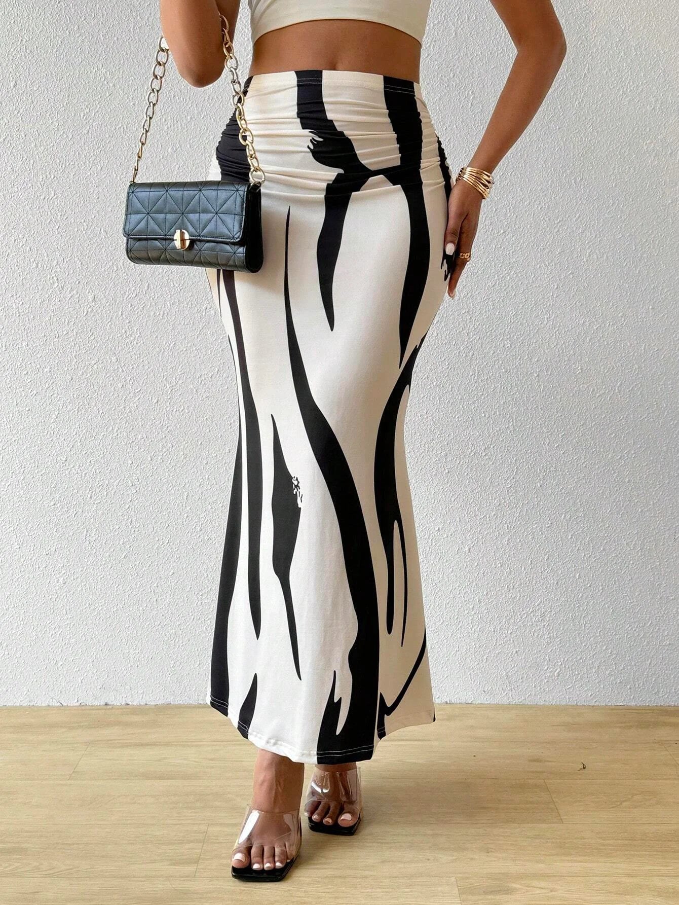 Women Abstract Print Maxi Skirt High Waist Bodycon Mermaid Long Skirt