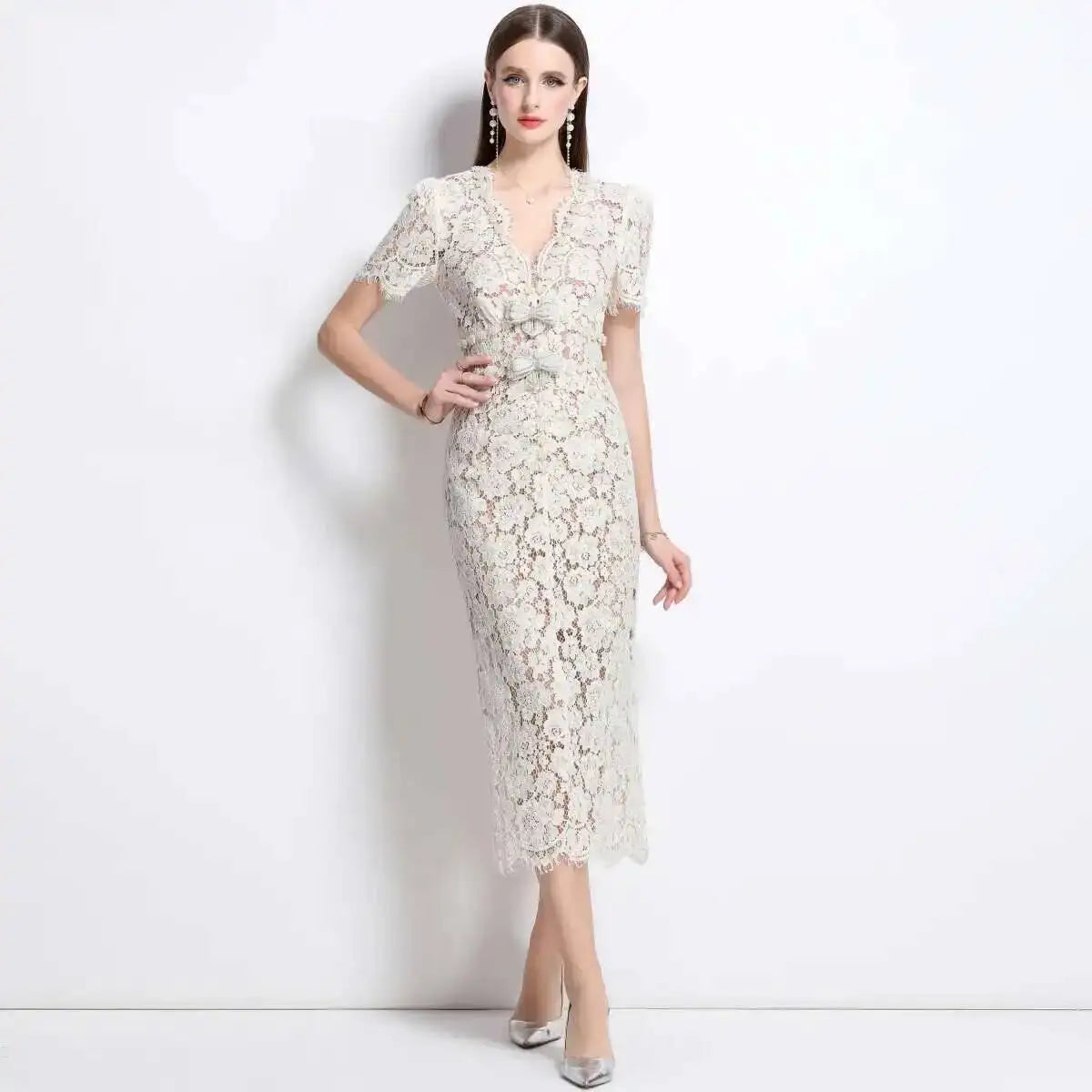 Lace Bodycon Midi Dress Women | Short Sleeve V Neck Elegant Party Dress