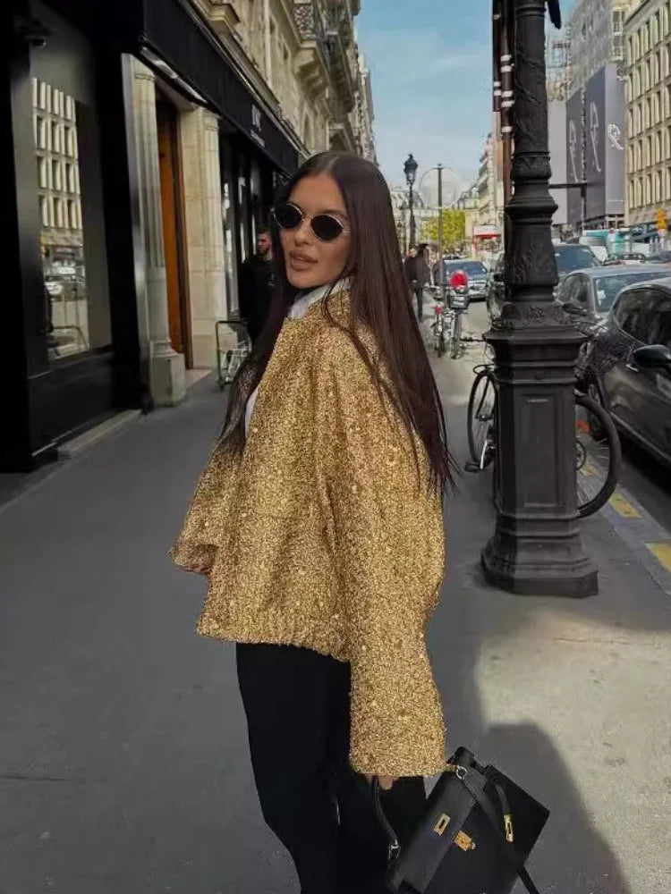 Women’s Gold Sequin Bomber Jacket | Glam Sparkly Cropped Party Puffer Coat