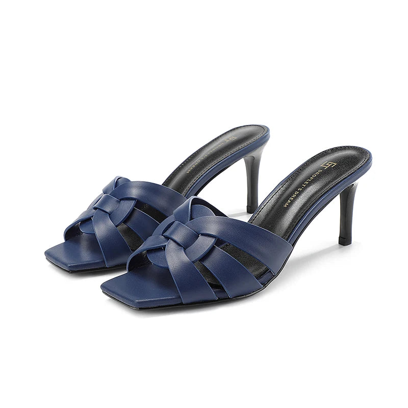Women’s Woven Mule Heels – Elegant Square Toe Slip-On Sandals for Party & Evening Wear
