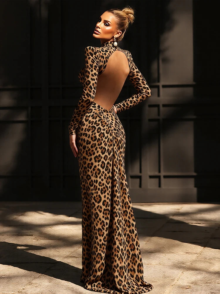 Women’s Leopard Print Cut Out Maxi Dress | Long Sleeve Bodycon Mock Neck Evening Gown for Parties, Galas & Luxury Events