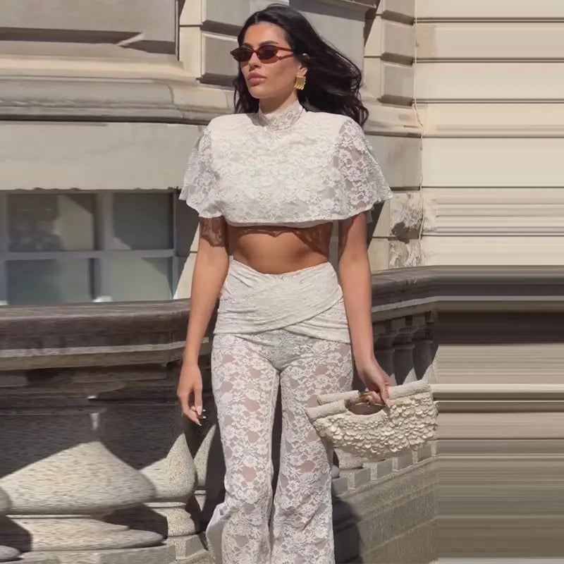 Women's Floral Lace Crop Top & High Waist Flared Trousers Co-Ord Set | Elegant Occasion Two Piece Outfit