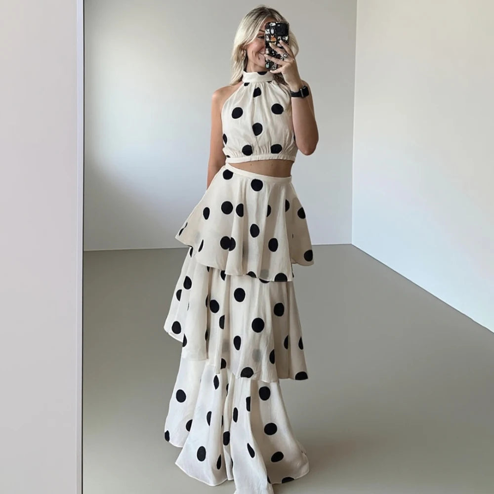 Women's Polka Dot Halter Crop Top & Tiered Maxi Skirt Co-Ord Set | Elegant Two Piece Occasion Outfit