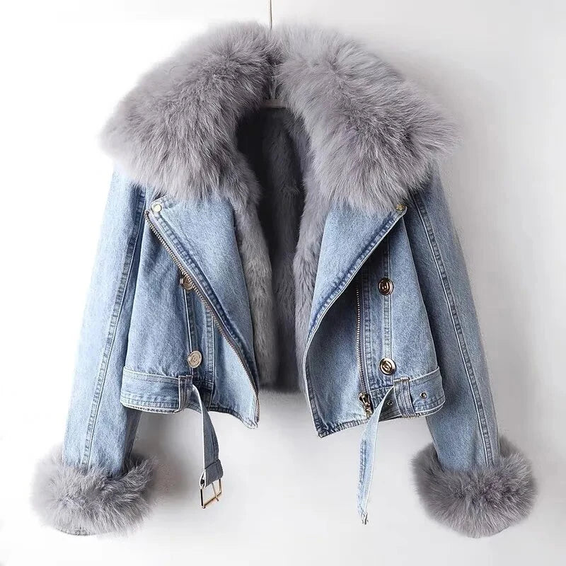 Women’s Faux Fur Denim Jacket | Luxury Cropped Winter Moto Coat