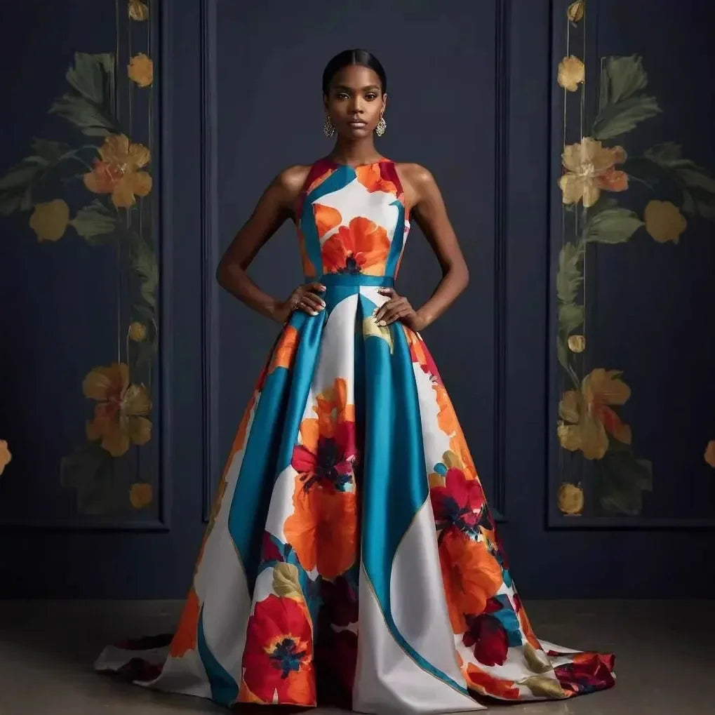 Floral A Line Maxi Dress Women | Halter Neck Elegant Evening Dress