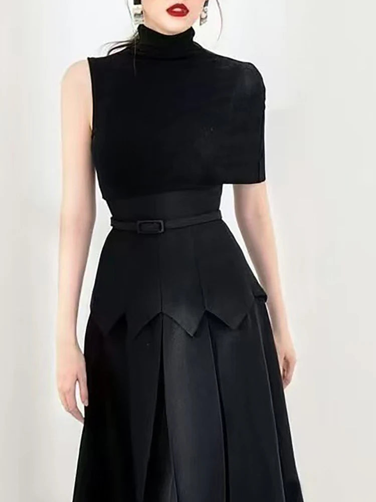 High Neck Midi Dress Women | Sleeveless Belted Elegant Dress