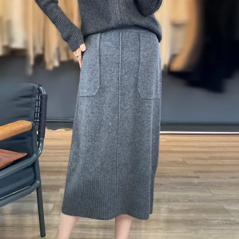 Women Ribbed Knit Midi Skirt High Waist Pocket Detail Straight Skirt