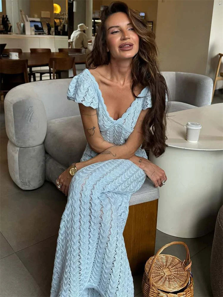 Women’s Cable Knit Maxi Dress | Ruffle Sleeve V-Neck Sweater Dress for Spring, Vacation & Elegant Casual Wear
