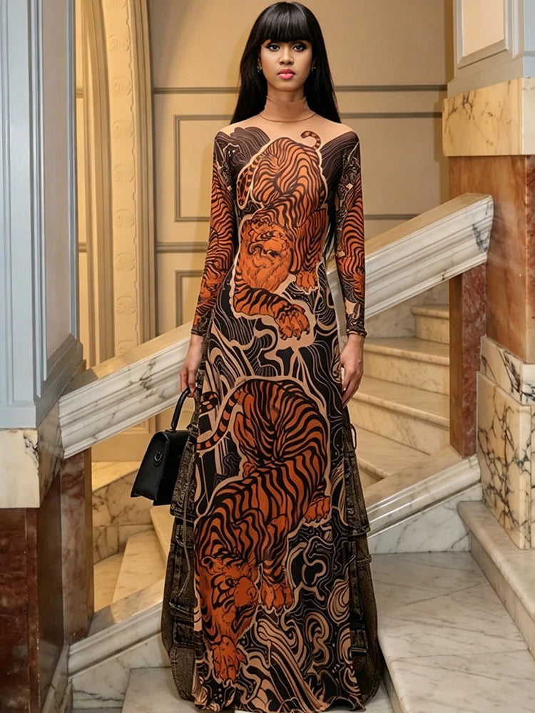 Tiger Print Maxi Dress Women | Long Sleeve High Neck Statement Dress