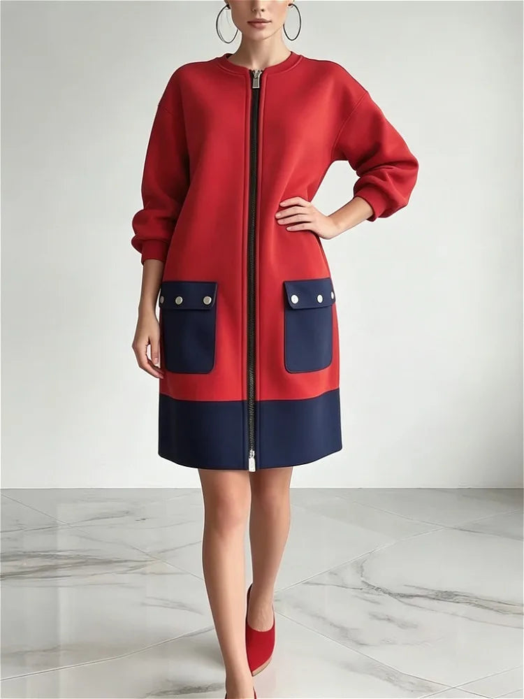 Women’s Red Zip Front Coat Dress | Color Block Long Sleeve Casual Chic Jacket Dress