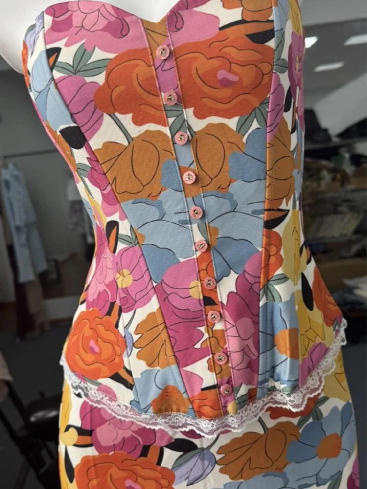 Women’s Floral Corset & Midi Skirt Set | Vintage Garden Print Two Piece Summer Outfit