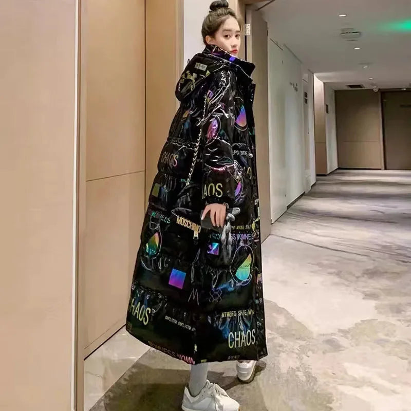 Women’s Black Oversized Graphic Puffer Coat | Long Hooded Quilted Winter Jacket with Streetwear Print for Cold Weather & Casual Wear