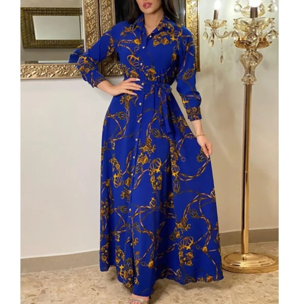 Printed Shirt Maxi Dress Women | Long Sleeve Belted A Line Elegant Dress