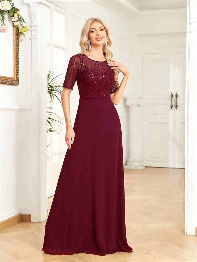 Women’s Burgundy Chiffon Evening Gown | Beaded Illusion Neck Formal Maxi Dress for Weddings, Mother of the Bride & Gala Events