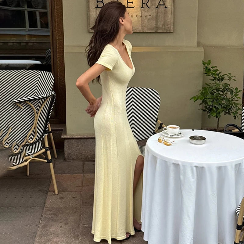 Women’s Butter Yellow Ribbed Maxi Dress | Casual V-Neck Summer Dress with Side Slit for Vacations & Everyday Wear