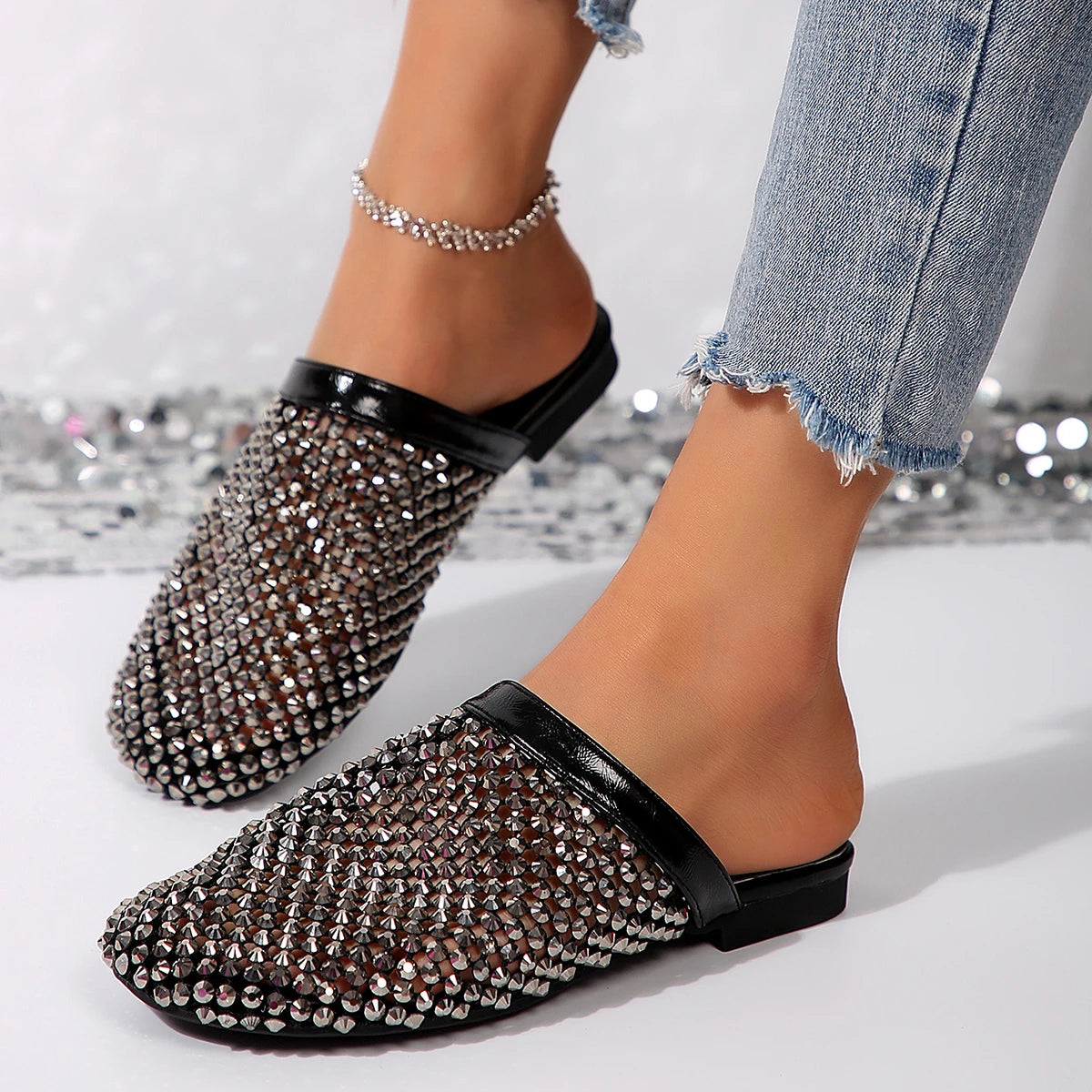 Women’s Rhinestone Mesh Mule Flats – Elegant Slip-On Party Loafers for Wedding & Evening Wear