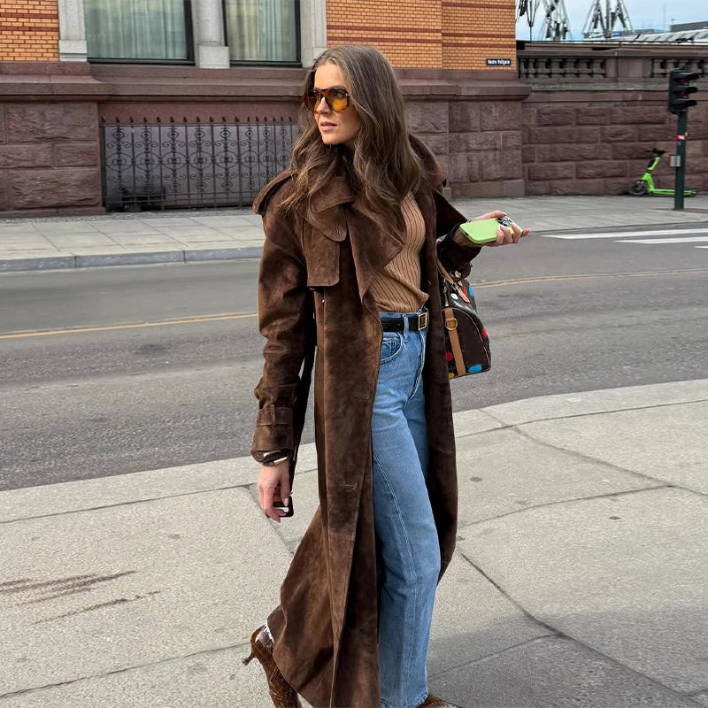 Women’s Vintage Brown Faux Leather Trench Coat | Long Belted Double Breasted Overcoat