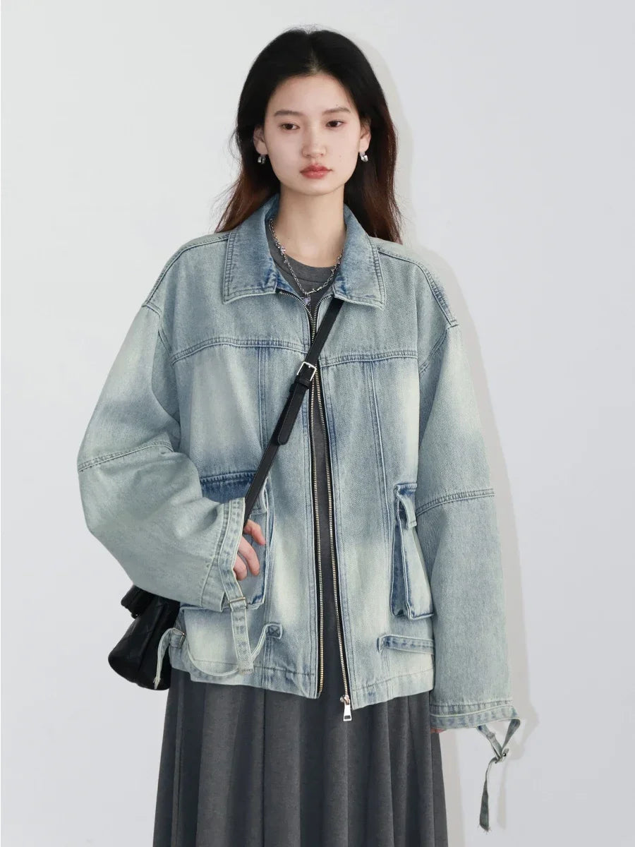 Women’s Oversized Washed Denim Jacket | Vintage Zip Up Casual Streetwear Jean Jacket