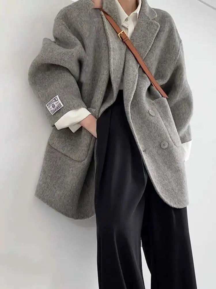 Women’s Oversized Wool Blend Blazer Coat | Minimalist Double Breasted Long Jacket