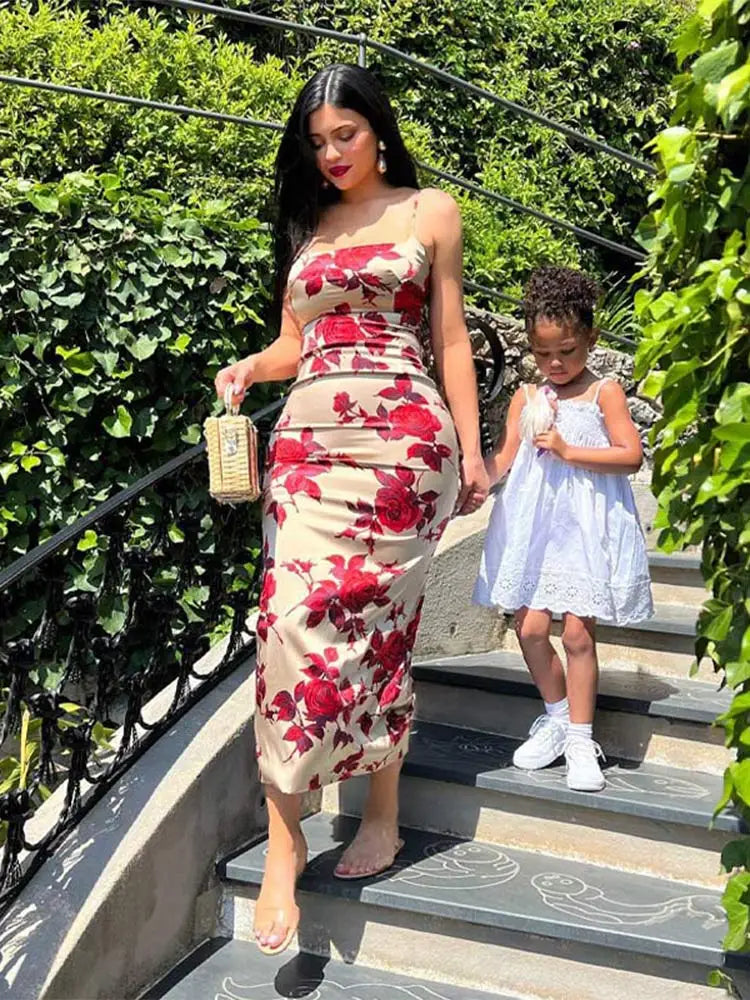 Beige Rose Midi Dress Women | Floral Slip Bodycon Dress