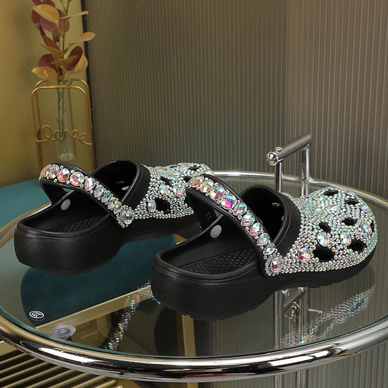 Women’s Rhinestone Platform Clogs – Sparkly Slip-On Garden Shoes for Casual, Travel, Beach & Everyday Comfort