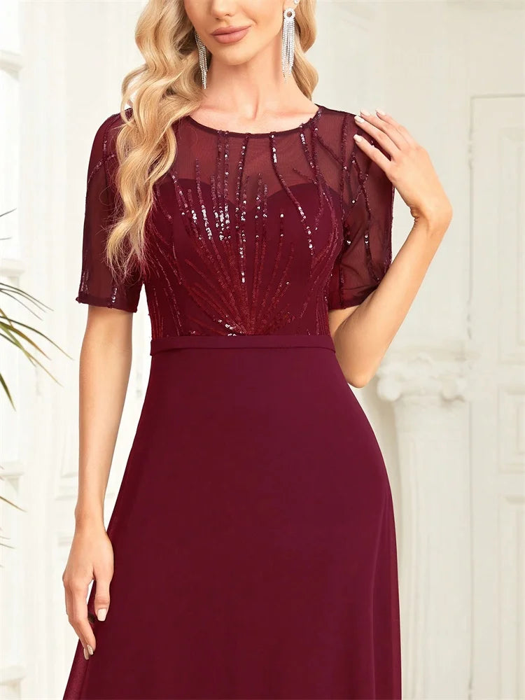 Women’s Burgundy Chiffon Evening Gown | Beaded Illusion Neck Formal Maxi Dress for Weddings, Mother of the Bride & Gala Events